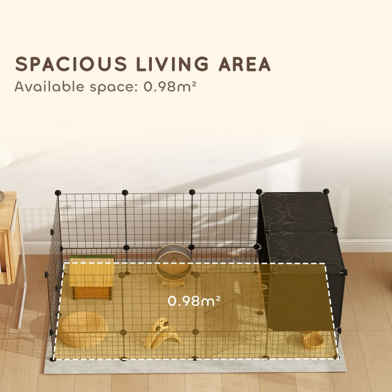 PawHut Rabbit Run, Pet Playpen, Small Animal Cage Enclosure, C&C Cage with Elevated Huts, 31 Panels, for Guinea Pigs, Hedgehogs, for Indoor Use