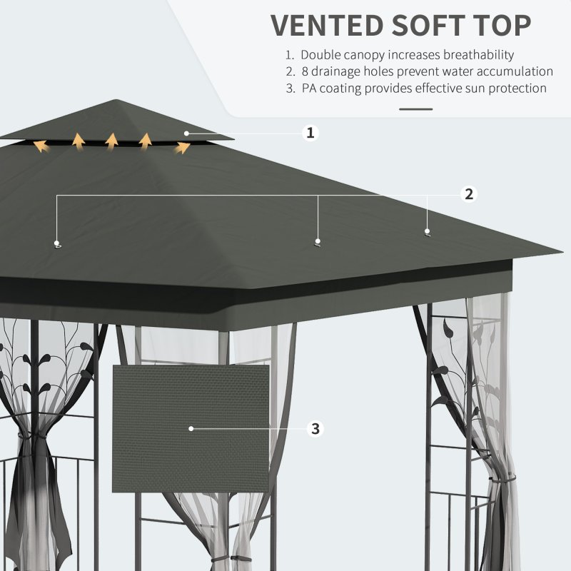 Outsunny 3(m) x 3(m) Garden Gazebo, Double Roof Outdoor Gazebo Canopy Shelter with Netting, Solid Steel Frame, for Garden, Lawn and Deck, Grey