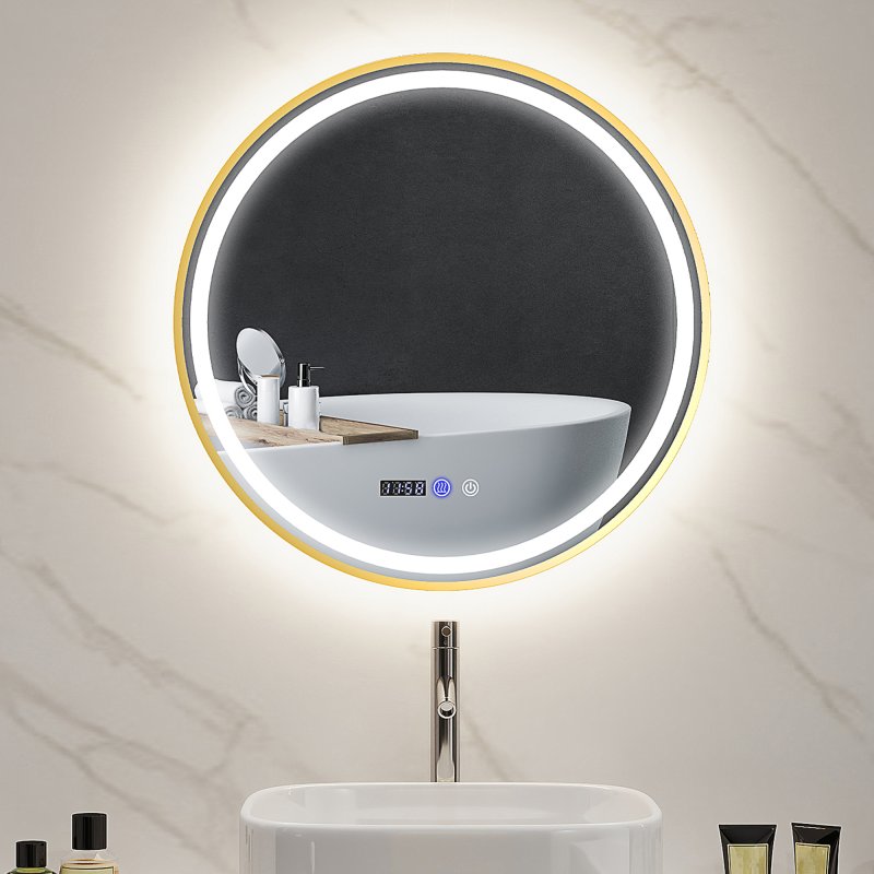 HOMCOM 600mm Round Bathroom Mirror with LED Lights, Wall Mounted Backlit Illuminated Bathroom Mirror with Demister, 3 Colours Dimmable, Memory Function, Touch Switch, Time and Temp Display, Gold Tone