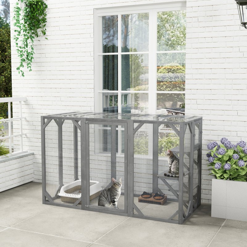 Pawhut Wooden Cat House 71" Catio Outdoor Cat Enclosure with 3 Platforms Large Door