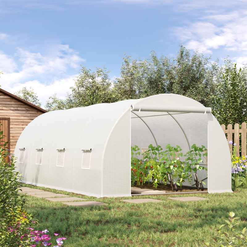 Outsunny 6 x 3 x 2 m Polytunnel Greenhouse with Metal Frame, Zippered Door and 8 Windows, Walk in Polytunnel Tent for Garden and Backyard, White