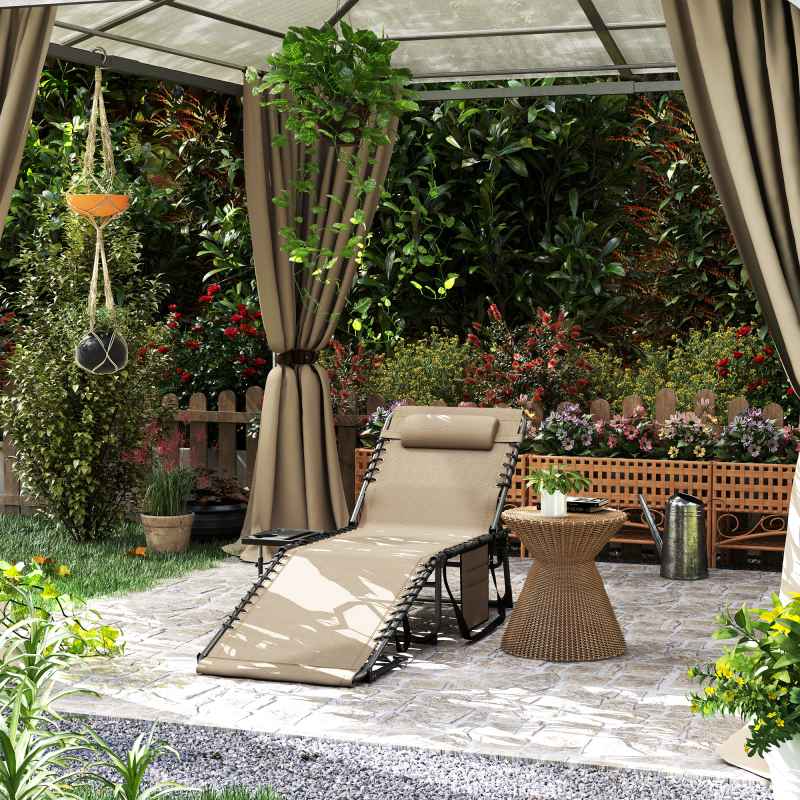 Outsunny Folding Sun Lounger with Side Table, 5-Level Adjustable Reclining Sun Lounger Chair, Portable Garden Recliner Sunbed with Side Pocket, Head Pillow for Patio, Beach, Beige