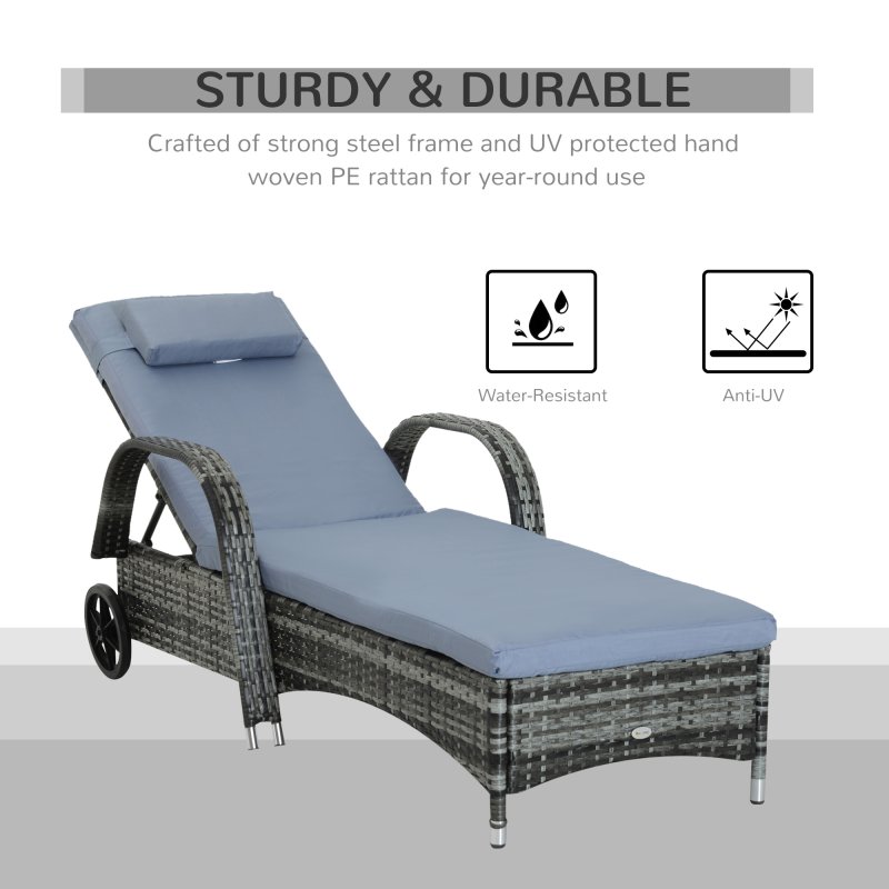 Outsunny Rattan Sun Lounger, Garden Lounger Recliner with Wheels and Adjustable Backrest, Outdoor Reclining Sunbed Garden Chair with Cushion and Headrest for Patio, Beach, Terrace, Grey