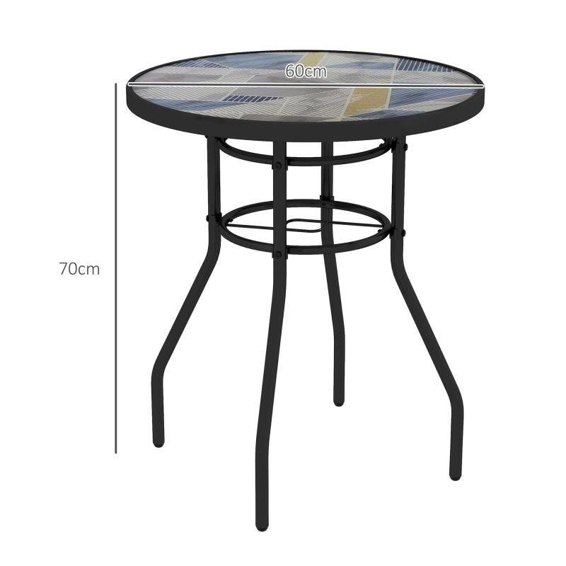 Outsunny ??60 cm Garden Round Coffee Table,  Outdoor Side Table with Tempered Glass Printed Table Top and Foot Pads for Porch, Balcony, Multicolour