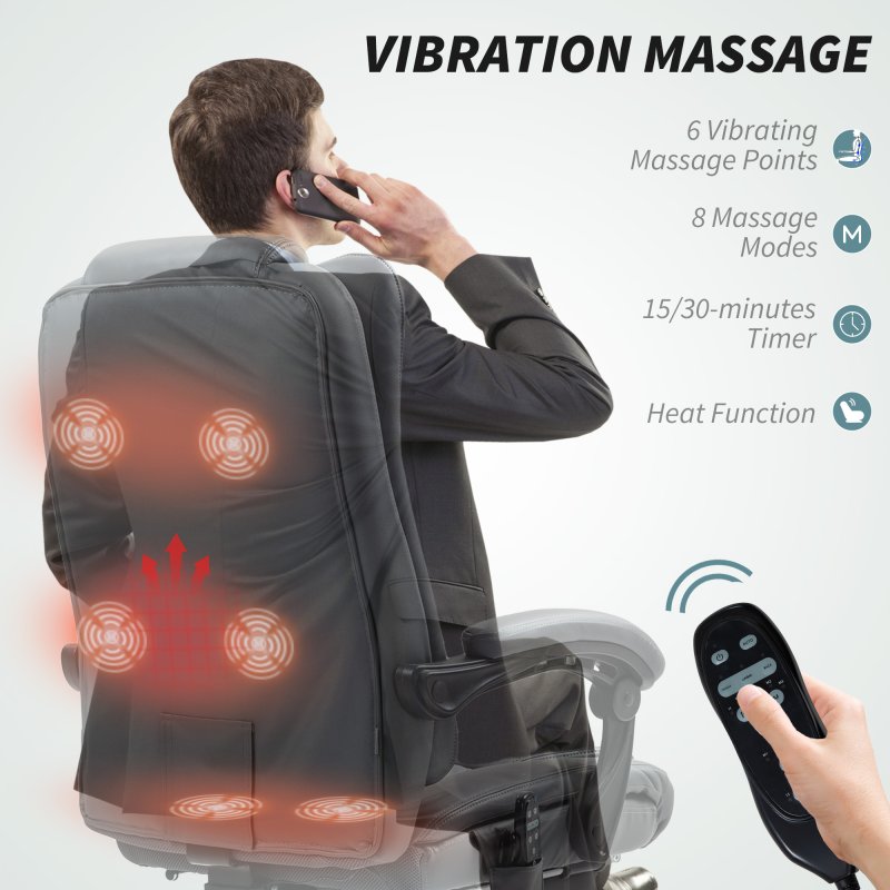 HOMCOM Executive Office Chair with 6-point Massage and Heat, PU Leather Reclining Desk Chair with Tufted High Back, Height Adjustable, Swivel Wheels, Footrest, for Home, Light Grey