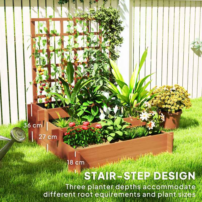 Outsunny 3 Tier Planters with Trellis for Vine Climbing, Wooden Raised Beds for Garden Patio, Outdoor Planter Box for Vegetables, Flowers, Herbs, Brown