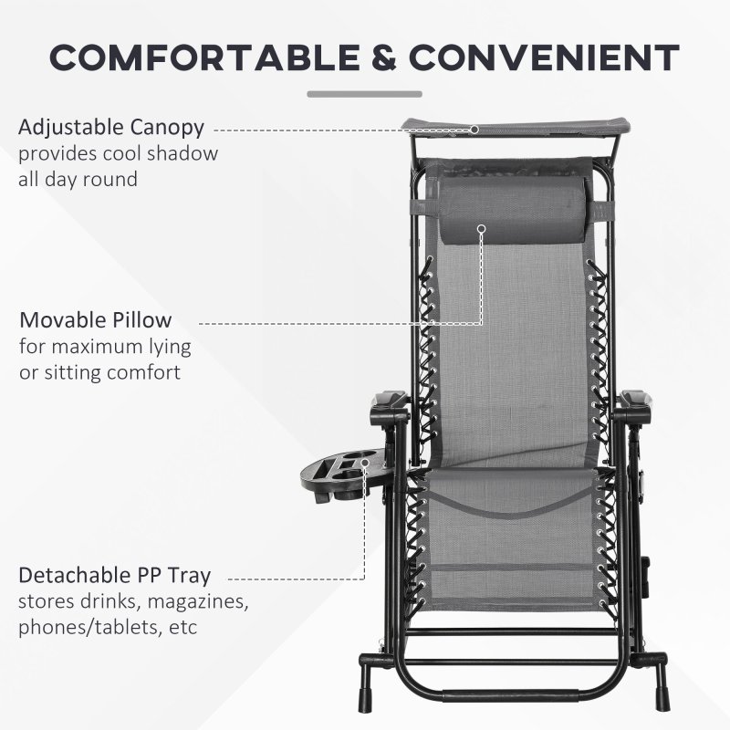 Outsunny Garden Rocking Chair Folding Recliner Outdoor Adjustable Sun Lounger Rocker Zero-Gravity Seat with Headrest Side Holder Patio Deck - Grey
