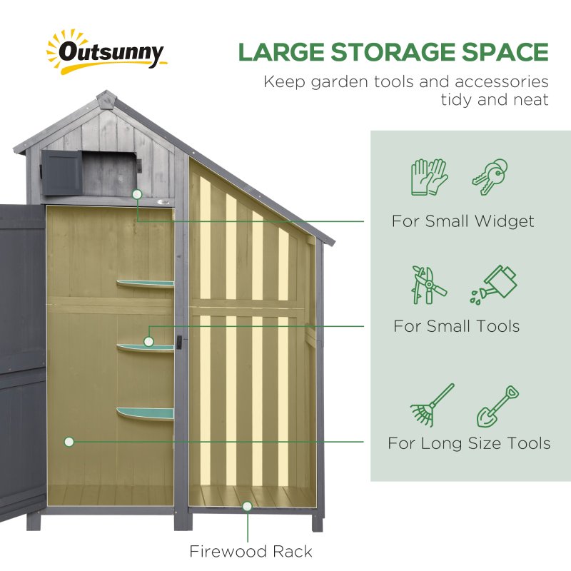 Outsunny Wooden Garden Storage Shed with 3 Shelves, Outdoor Garden Tool Storage Cabinet with Tilt Roof, Firewood Rack Log Carrier, 129 x 51.5 x 180cm, Grey