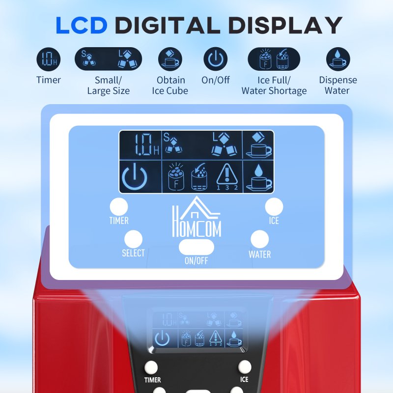 HOMCOM 3L Ice Maker Machine and Water Dispenser, 12kg in 24H, 2 Size Options 9 Ice Cubes Ready in 6-10 Mins Countertop Ice Machine for Home, Kitchen, Office, Bar, Red