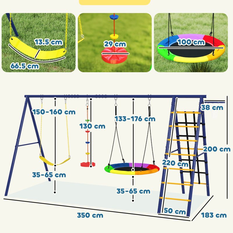 AIYAPLAY 6 in 1 Kids Swing Set, Metal Swing with 3 Swings, Basketball Hoop, Climbing Ladder and Net, Heavy Duty A-Frame Garden Swing Kids Outdoor Children Playground for Ages 3-8