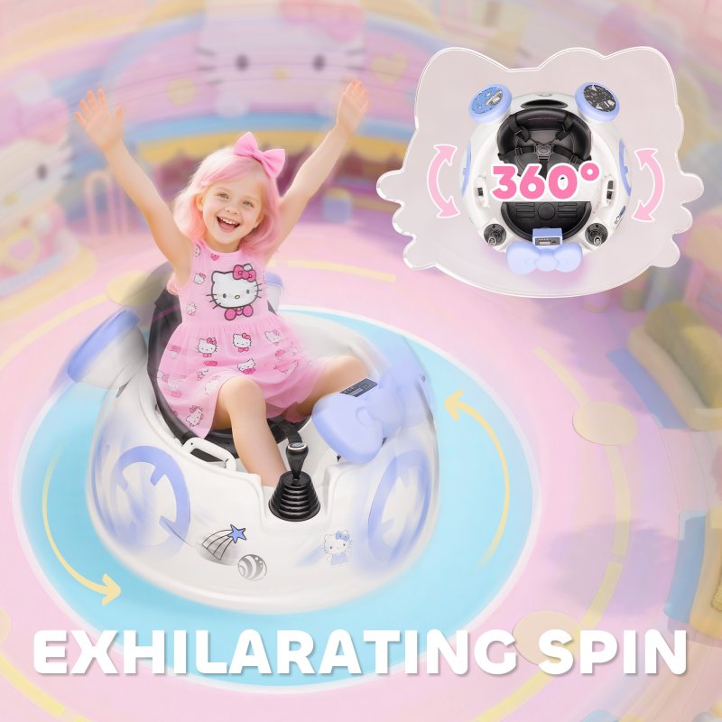 AIYAPLAY Hello Kitty Licensed Kids Bumper Car with Remote Control, 360° Rotation Spin Electric Ride On Waltzer Car with Dual Joysticks, Music, Lights, Safety Belt, for 1.5-5 Years Old, White
