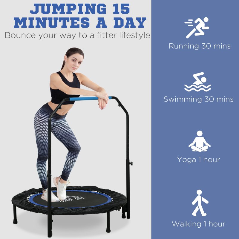 HOMCOM 40" Foldable Mini Trampoline Fitness Trampoline Rebounder for Adults with Adjustable Foam Handle, for Indoors, Outdoors, Cardio Training, Blue