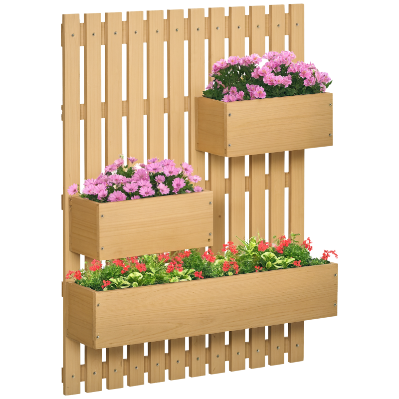 Outsunny Wall-mounted Wooden Garden Planters with Trellis, Drainage Holes and 3 Movable Planter Boxes, Wall Raised Garden Bed for Patio, Natural