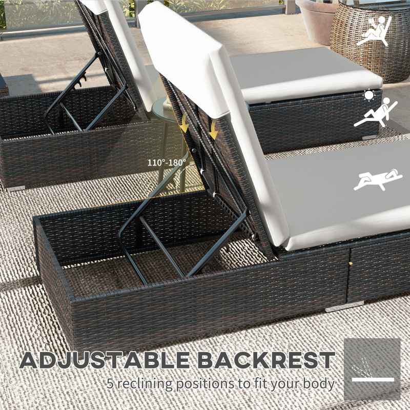 Outsunny PE Rattan Sun Loungers Set of 2, Five-level Adjustable Recliner Chairs w/ Soft Padded Cushion for Patio, Garden, Mixed Brown
