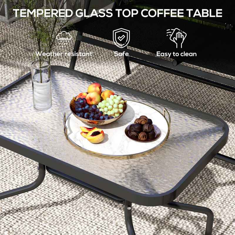 Outsunny Outdoor?4 Pieces Patio Furniture Set with Breathable Mesh Fabric?Seat & Backrest,?Garden Set with Two Foldable Armchairs, a Loveseat &?Glass?Top?Table, Black