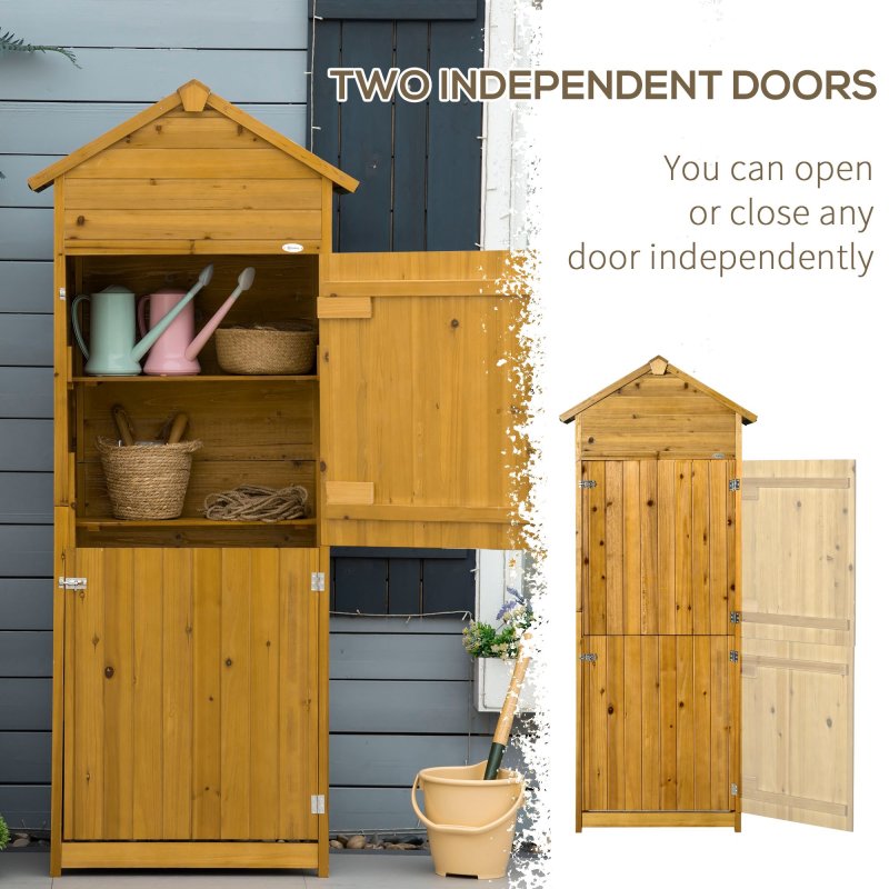 Outsunny Wooden Garden Storage Shed Utility Gardener Cabinet w/ 3 Shelves, Tilted-felt Roof and Two Lockable Doors, 79cm x 49cm x 191.5cm, Natural wood effect