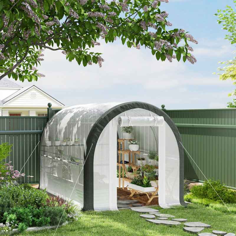 Outsunny 3 x 2(m) Walk-in Polytunnel Greenhouse with Upgraded Structure, Zipped Roll Up Mesh Door, 6 Mesh Windows, Tunnel Warm House Tent with PE Cover, 6 Plant Labels and Gloves, White