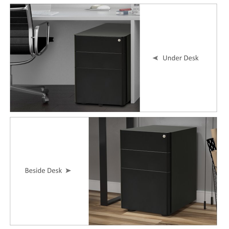 Vinsetto 3-Drawer Mobile Filing Cabinet, Steel Lockable File Cabinet for A4, Legal, Letter, Compact Under Desk Storage Unit with Pre-Assembled Body Except Wheels for Home Office, 39 x 48 x 59cm, Black