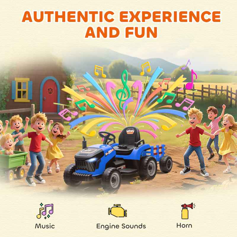 AIYAPLAY Ride on Tractor with Trailer, 12V Electric Vehicle with Remote Control, Ride on Car for Kids with Music, Shifter, Start-Up Sound for Ages 3-8 Years, Blue
