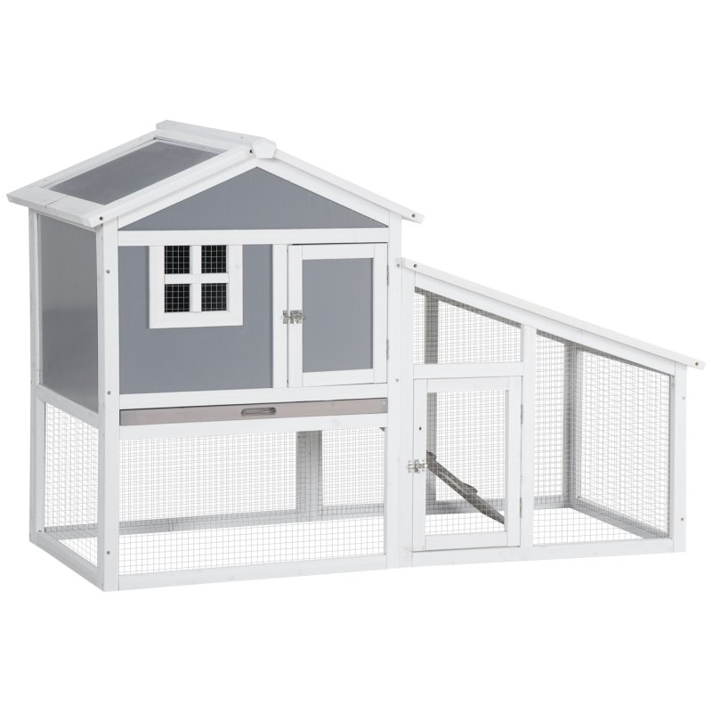 PawHut Wooden Rabbit Hutch 2 Tier Guinea Pig Cage Bunny Run w/ Sunlight Panel Roof and Slide-Out Tray - Grey
