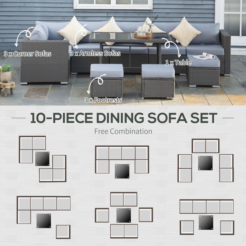Outsunny 10 Pieces Outdoor PE Rattan Sofa Set with 10cm Thick Cushions, Garden Sectional Corner Sofa Set with Glass Top Dining Table and Three Footstools, Grey