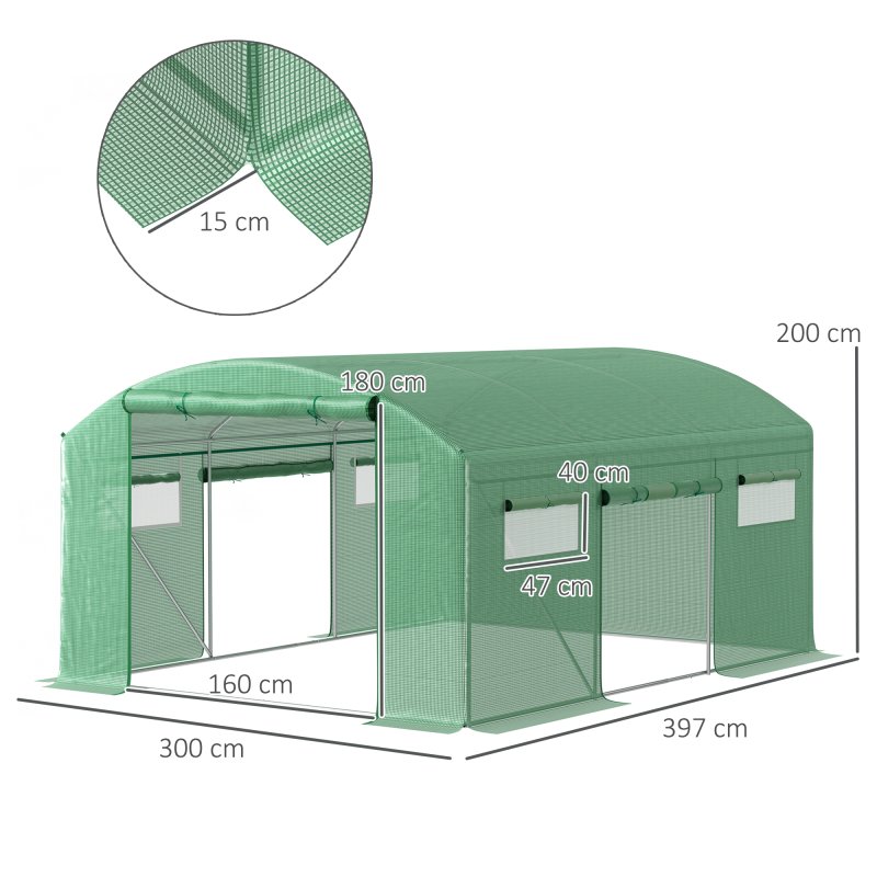 Outsunny 4 x 3 x 2m Polytunnel Greenhouse with 3 Roll-up Doors and Mesh Windows, Walk-in Garden Tunnel Warm House Tent with UV-resistant PE Cover and Galvanised Steel Frame, Green