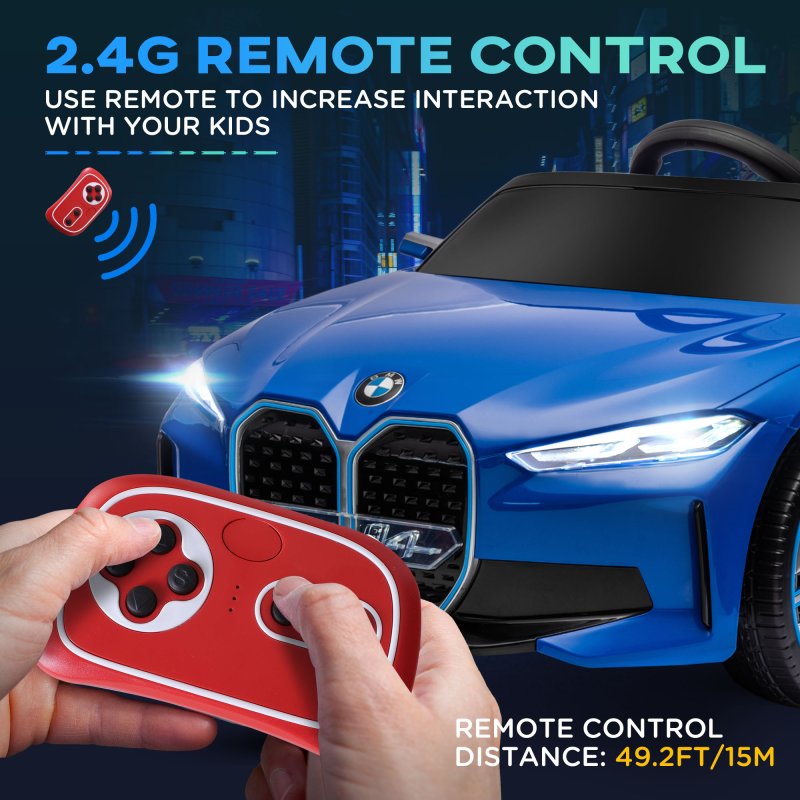 HOMCOM BMW i4 Licensed 12V Electric Car for Kids, Kids Electric Ride-on with Remote Control, Suspension Wheels, Music, Horn, Lights, MP3 Slot, Portable Battery, for Ages 3-6 Years - Blue