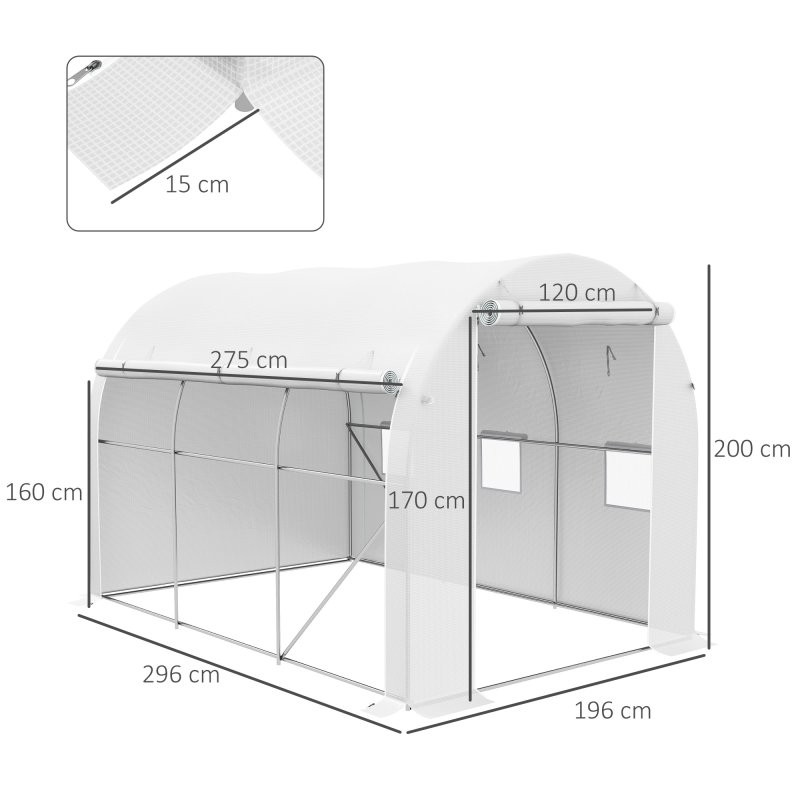 Outsunny 3 x 2 m Polytunnel Greenhouse with Zipped Roll-up Door and Mesh Windows, Walk-in Greenhouse with PE Cover and Galvanised Steel Frame, White
