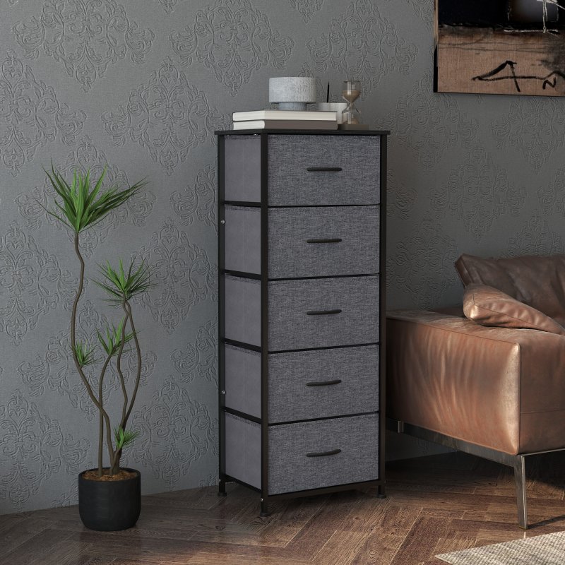 HOMCOM Fabric Chest of Drawers, Storage Drawers, Industrial Bedroom Dresser with 5 Fabric Drawers, Steel Frame and Wooden Top for Nursery, Living Room, Hallway, Dark Grey