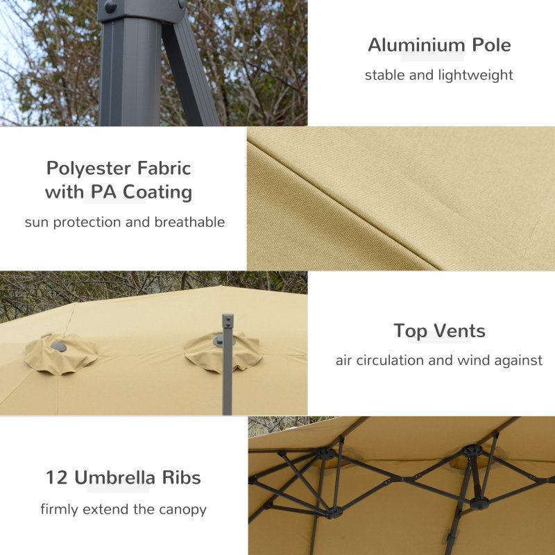 Outsunny 4.5m Patio Cantilever Roma Parasol, Large Double-Sided Rectangular Garden Umbrella with Crank Handle, 360 degrees Cross Base for Bench, Outdoor, Khaki
