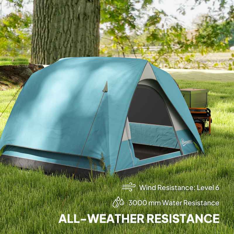 Outsunny 3-4 Person Camping Tent, Easy Set Up Waterproof Dome Tent with Sewn-in Groundsheet, Mesh Windows, Pocket and Hook for Camping, Hiking, Backpacking, Navy Blue and Light Blue
