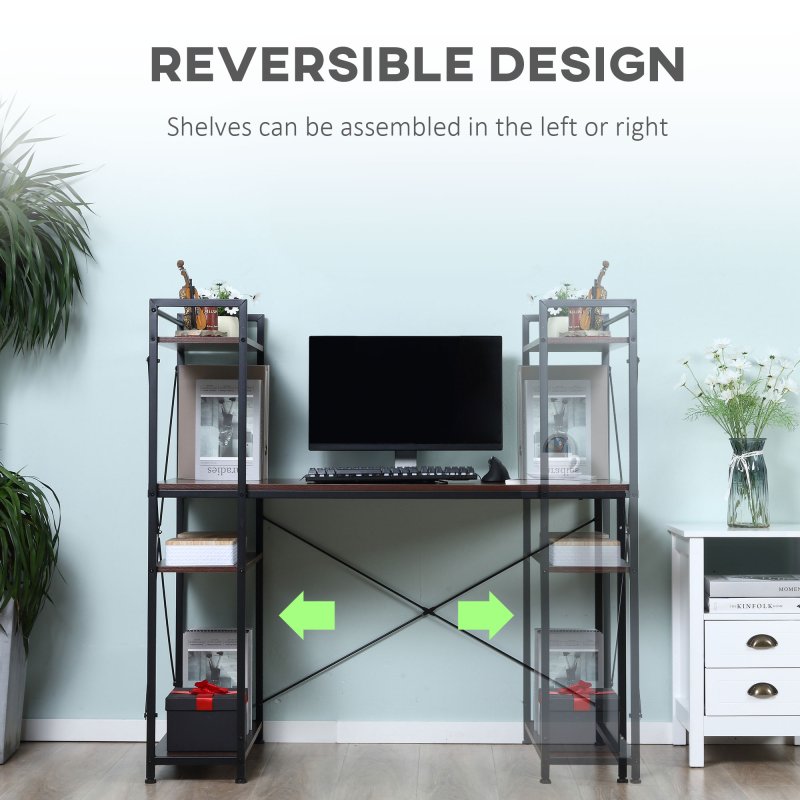 HOMCOM Computer Desk with Storage Shelves on Left or Right, Industrial Reversible Writing Desk for Home Office, Study, Easy Assembly, 120 x 64 x 121cm