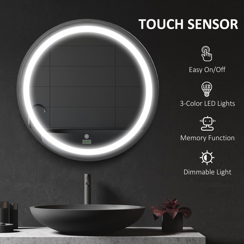 kleankin Round LED Bathroom Mirror, Dimmable Lighted Wall-Mounted Mirror with 3 Temperature Colours, Memory Function, Hardwired, Black