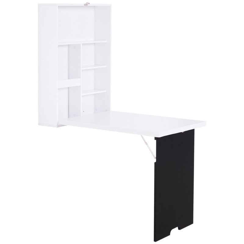 HOMCOM Folding Wall-Mounted Drop-Leaf Table, Convertible Wall Table With Chalkboard and Storage Shelf, Multifunctional Floating Desk for Home Office