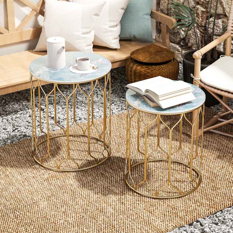 Outsunny Garden Side Table Set of 2, Nesting Tables with Ceramic Tile Top, Indoor Outdoor Small Garden Tables, Multifunctional End Tables with Metal Frame for Patio, Balcony, Porch, Multicoloured