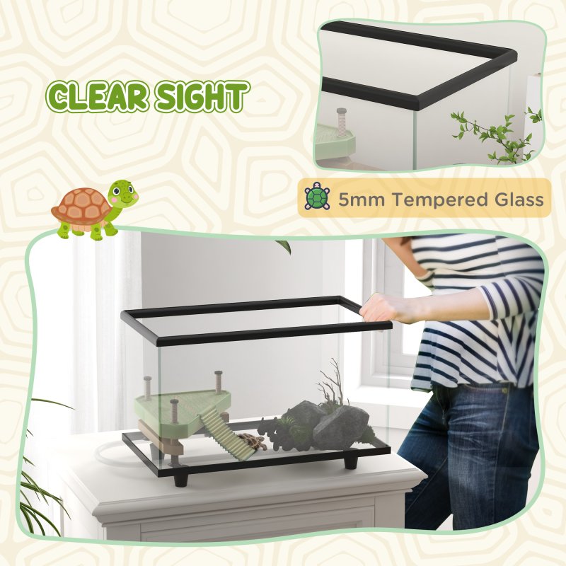 PawHut Turtle Tank, 28L Glass Turtle Aquarium with Basking Platform, Ramp, Easy Drainage, Strip Patch Thermometer, for Small Turtles, 45 x 25 x 29cm