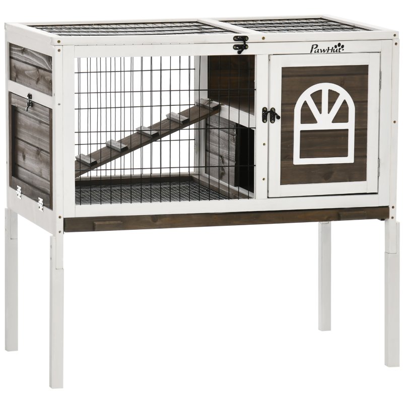 PawHut Wooden Rabbit Hutch, Elevated Guinea Pig Cage w/ Openable Roof, Ladder, Removable Tray, 90 x 53 x 87cm - Brown