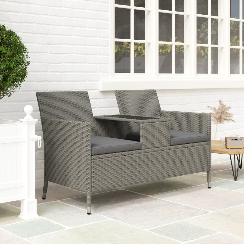 Outsunny 2 Seater Rattan Sofa with Cushions, Wicker Garden Loveseat with Armrests, Outdoor Garden Sofa Couch with Metal Frame for Patio, Grey