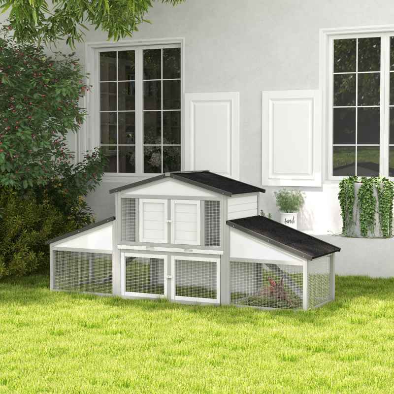 PawHut Large Rabbit Hutch with Run, Outdoor Bunny Cage with Tray, Ramp, Wooden Guinea Pig House, Light Grey