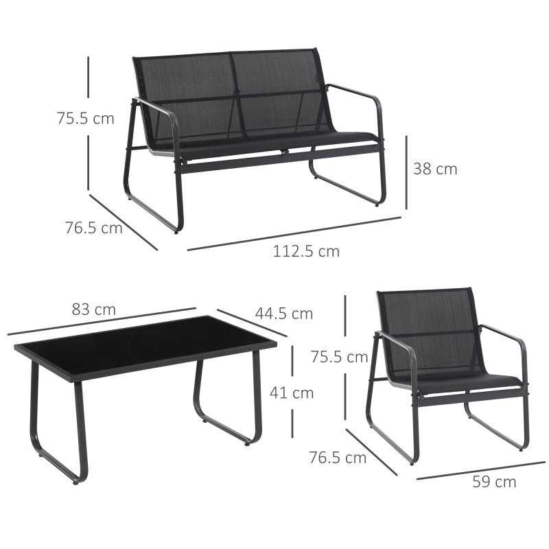 Outsunny 4 Piece Garden Furniture Set Outdoor Patio Sofa Set with Double Chair, Single Chairs and Glass Top Table for Terrace and Balcony