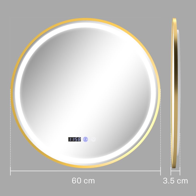 HOMCOM 600mm Round Bathroom Mirror with LED Lights, Wall Mounted Backlit Illuminated Bathroom Mirror with Demister, 3 Colours Dimmable, Memory Function, Touch Switch, Time and Temp Display, Gold Tone