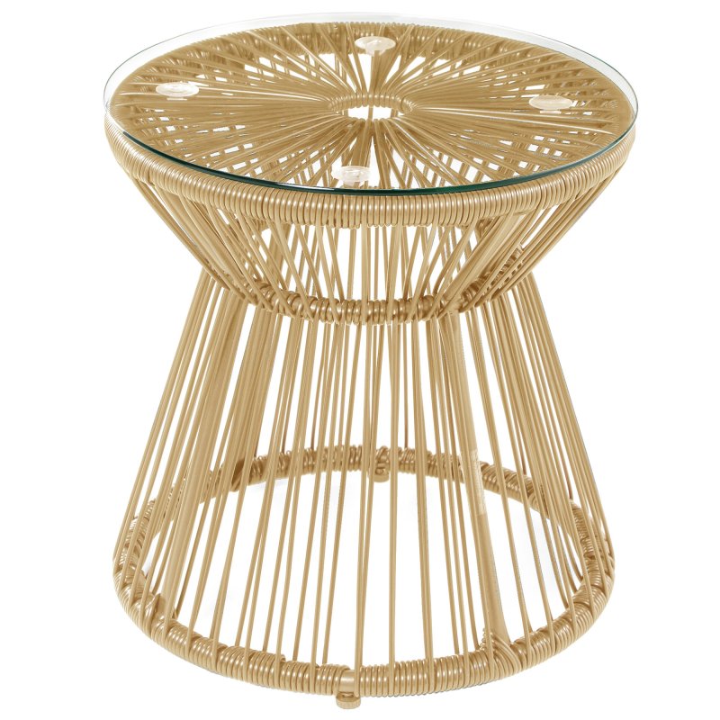 Outsunny Outdoor Coffee Table, Round PE Rattan Side Table with Tempered Glass Table Top, Hollow Drum Design for Garden, Balcony, Patio, Natural