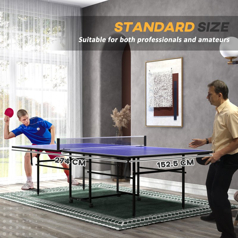 SPORTNOW 9FT Folding Table Tennis Table, Portable Full-Size Ping Pong Table with 4 Wheels, 2 Bats, 3 Balls, Quick Set-Up Indoor Game Table, Blue