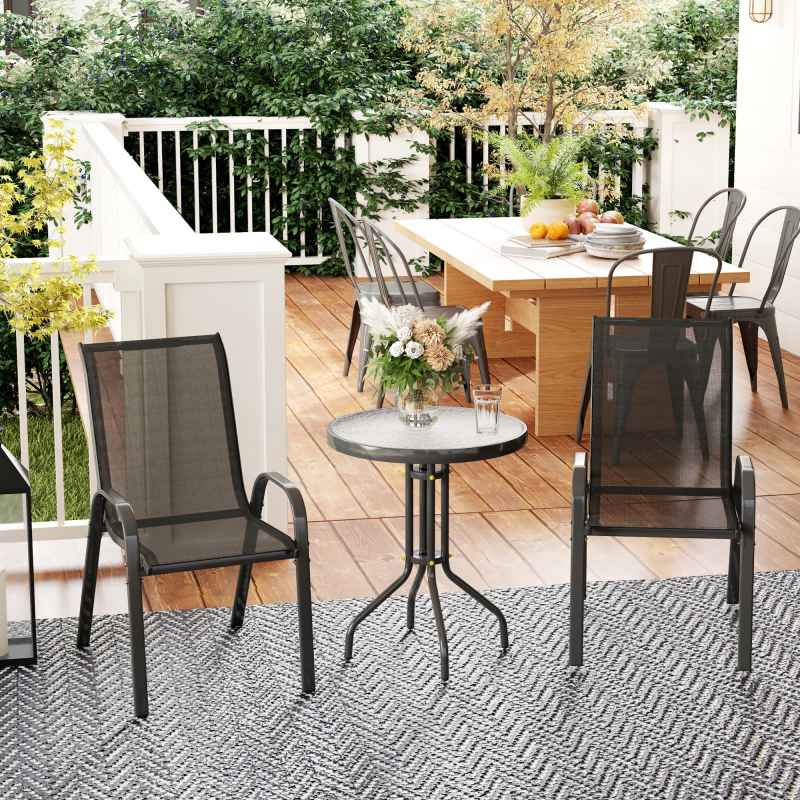 Outsunny 3 Pieces Garden Dining Set, 2 Seater Garden Furniture with High Back Stackable Chairs and Round Glass Top Table, Outdoor Bistro Set for Patio, Black