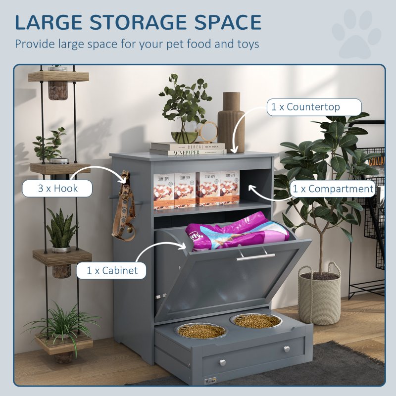 PawHut Pet Feeder Station, Dog Food Storage Container w/ Raised Dog Bowls, Hanger, for Food and Water - Grey