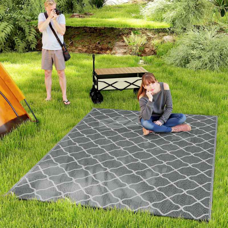 Outsunny Reversible Outdoor Rug with Carry Bag, Waterproof Plastic Straw Mat for Garden, Deck, RV, Picnic, Beach, Camping, 182 x 274cm, Grey