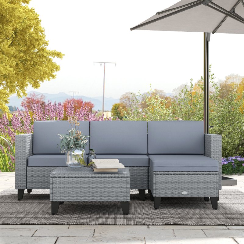 Outsunny 5 Pieces PE Rattan Garden Furniture Set, 4 Seater Garden Corner Sofa Set with Glass Coffee Table, Wicker Outdoor Furniture Set with Cushions for Patio Deck, Grey