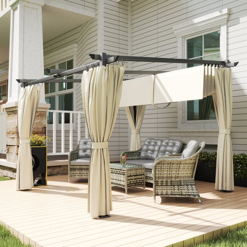 Outsunny 3 x 3(m) Metal Pergola with Retractable Roof and Sidewalls, Garden Gazebo UPF30+ Sun Shade Shelter for Outdoor, Patio, Deck, Beige