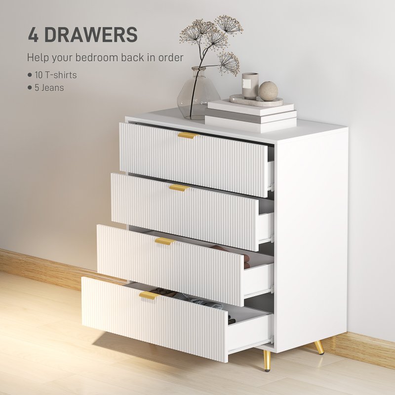 HOMCOM Bedroom Chest of Drawers with 4 Drawers, Fluted Dresser with Gold Tone Handles, Storage Cabinet for Bedroom, Living Room, Hallway, Entryway, White