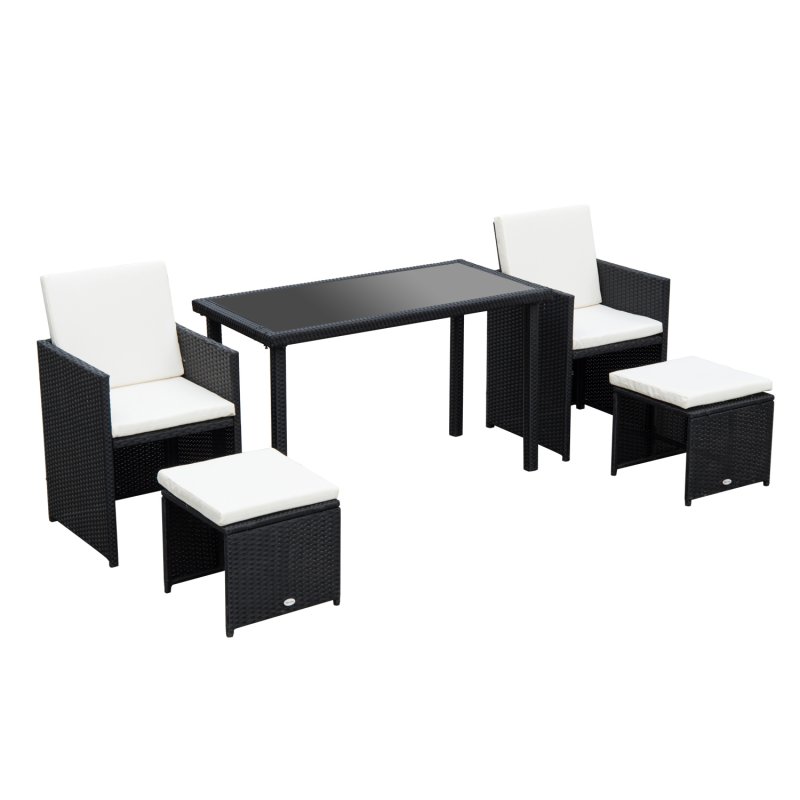 Outsunny 2 Seater Rattan Cube Garden Furniture Set, Rattan Dining Set with Cushions, Outdoor Dining Table and Chairs with 2 Armchairs, 2 Stools, Rectangular Glass Top Table for Patio, Balcony